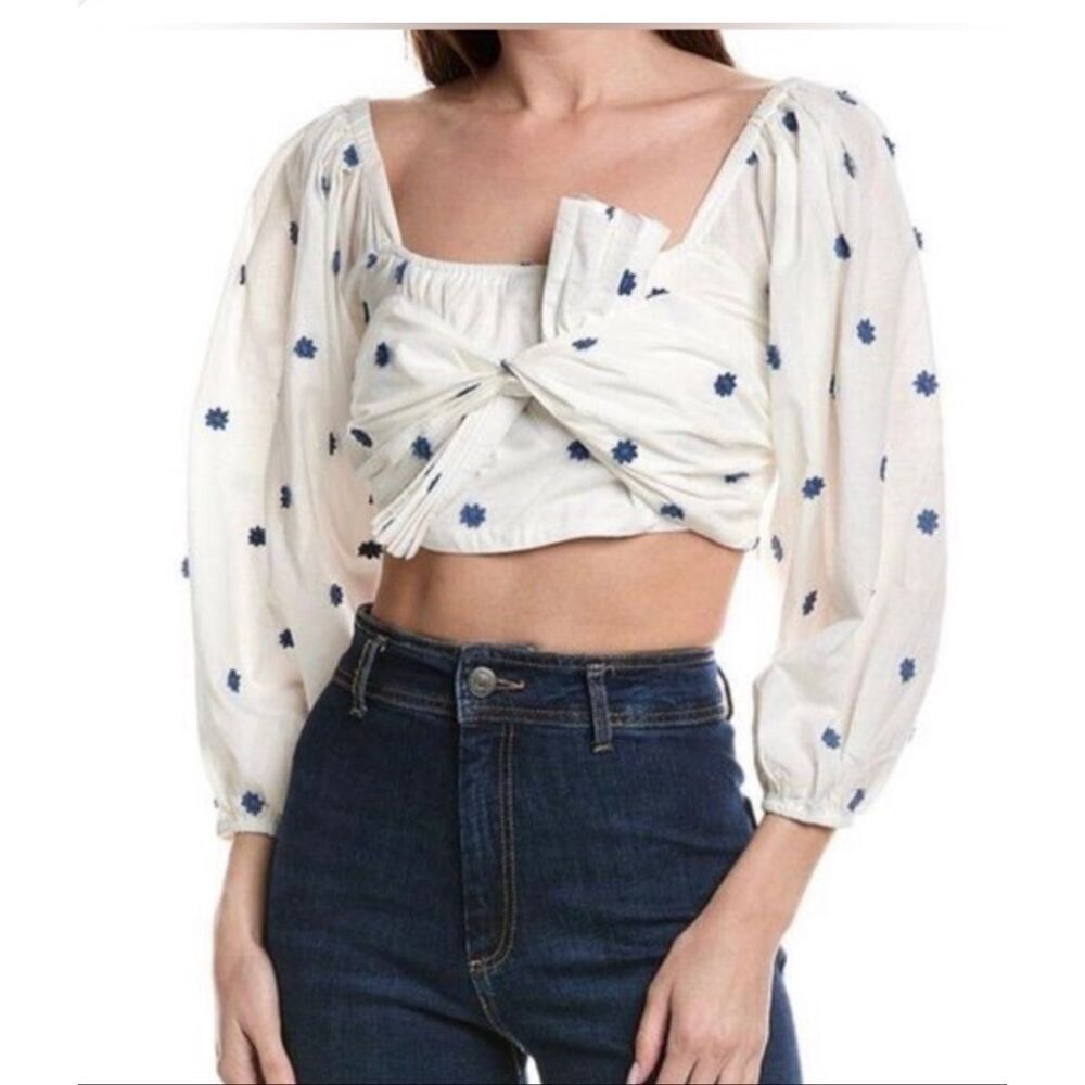 Farm Rio Cropped Floral Embroidered Top | Medium in White
